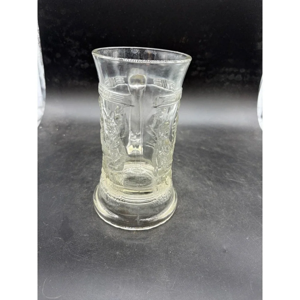 Vntg‎ Pressed Glass Beer Stein Tavern Scene Embossed Clear Glass Mug Collectible